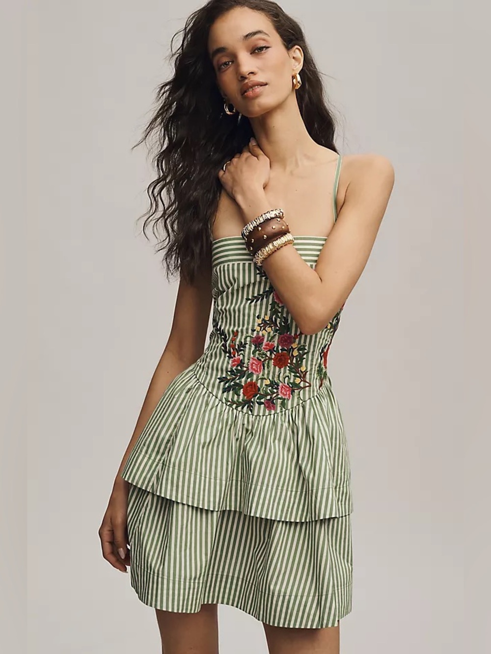 Anthropologie Green & White Striped Floral Embroidered Corset Dress
